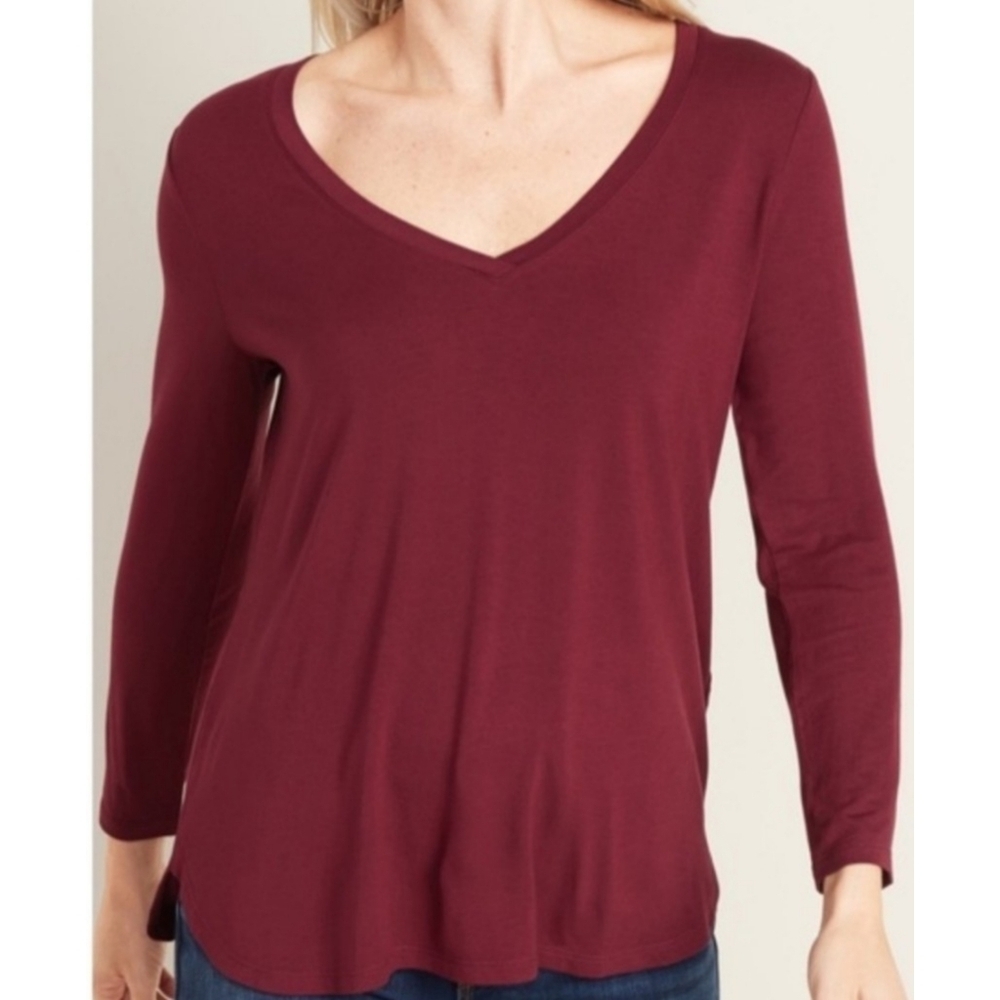 Old Navy Luxe Long Sleeve V-neck Hi Low Tee Wine Stain Size XXL